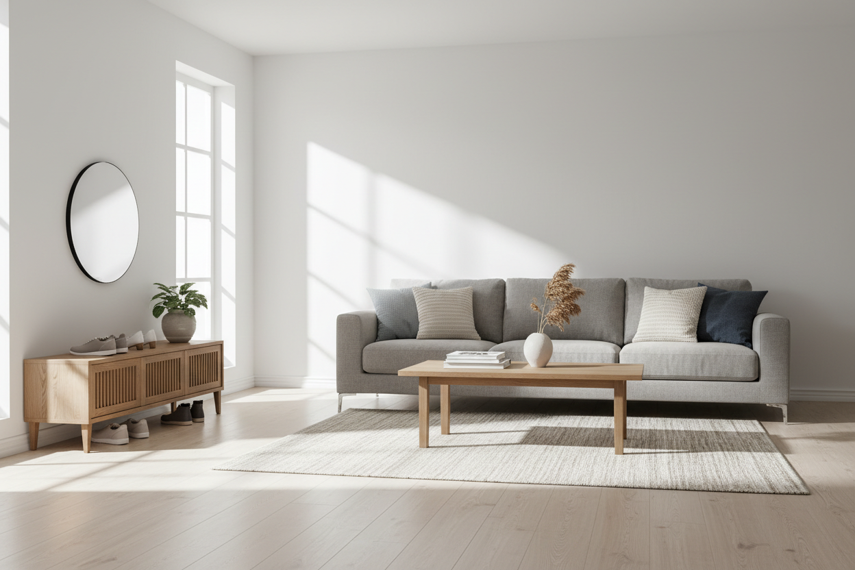A modern, bright living room interior with a stylish wooden shoe storage rack, clean white walls, soft natural sunlight, a sofa, a coffee table, and minimalist home decor. Scandinavian style, cozy, premium, high quality, wide background for an online home furniture store.